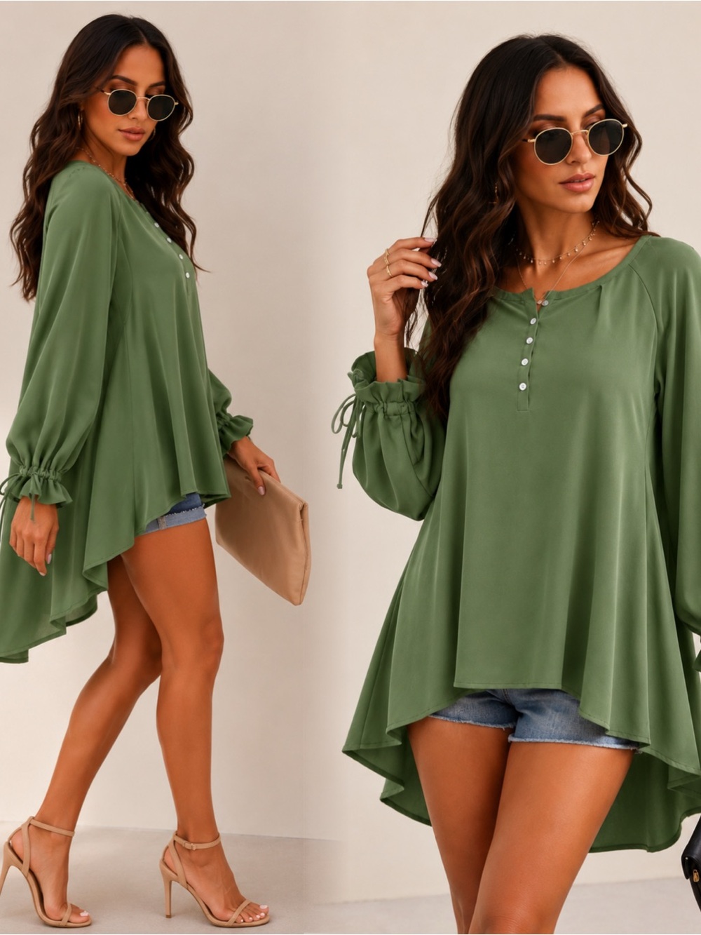Women’s Olive Green Button Henley High-Low Tunic